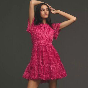 Anthropologie Somerset Mini Dress Floral Appliqué Edition in Hot Pink Size XS